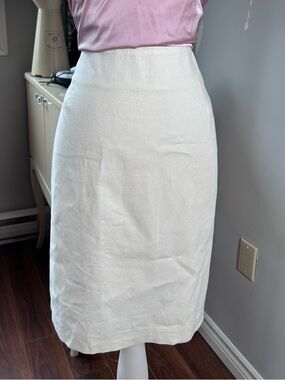 Vintage Priana Cream Linen Cotton Pencil Skirt Size 14 Neutral Minimalist